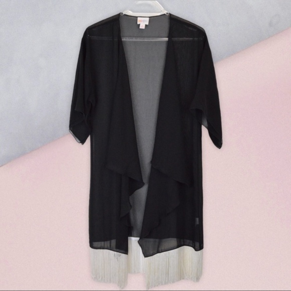 LuLaRoe Monroe Sheer Black‎ Waterfall Fringe Hem Duster, Size Small
